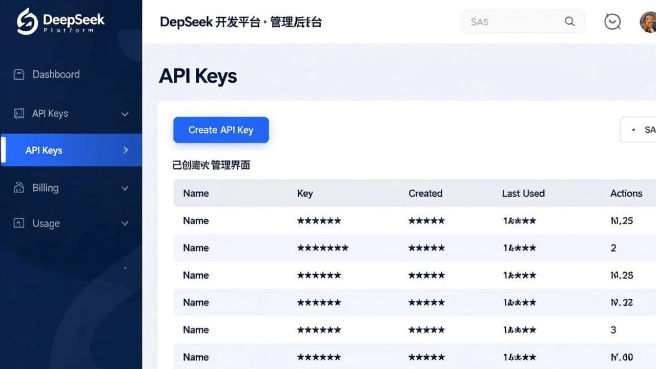 DeepSeek API 开发者平台后台管理界面,API Keys 创建与管理页面